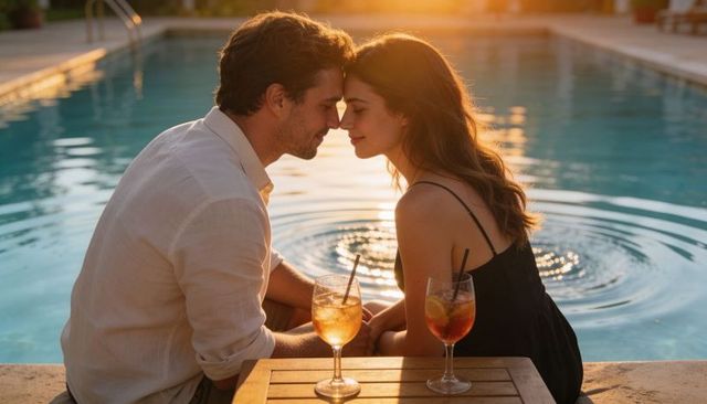 Couple touching foreheads poolside at sunset sharing cocktails romantic intimate moment