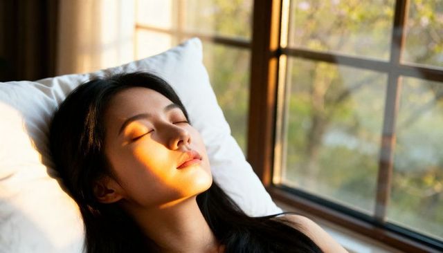 Asian woman basking in golden morning sunlight resting on white pillow by wooden window