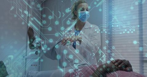 Masked clinician examining patient with digital circuit overlay representing medical ai