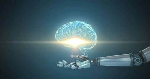 futuristic robotic arm holding digital brain hologram - Download Free Stock Images Pikwizard.com