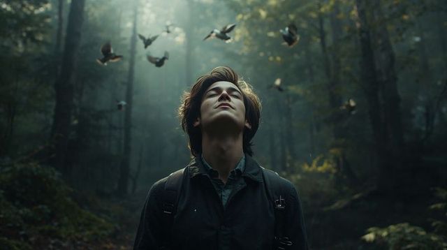 Standing hiker gazing upward with birds soaring above misty forest clearing under soft sunbeams