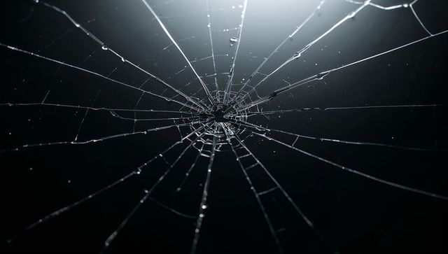 Shattered Glass Radiating From Central Impact With Backlight and Droplets