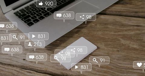Digital networking concept displaying laptop and blank card stack with social notifications