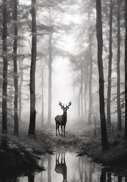 Majestic deer standing near stream in foggy forest, reflecting in calm water. Ideal for nature-related articles, wildlife conservation pieces, and tranquil scene decor. Suitable for promoting environmental awareness and adding serenity to designs.