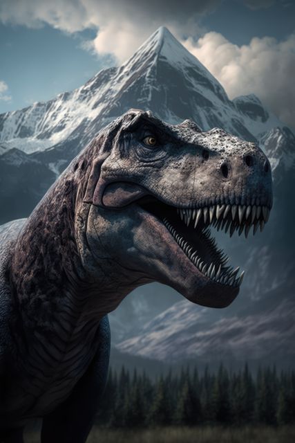 Tyrannosaurus rex dinosaur roaring over mountain landscape, created using generative ai technology. Prehistory, dinosaur and paleontology concept.