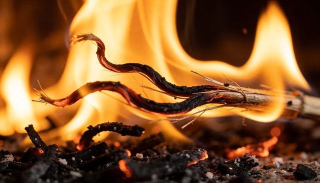 Curling burning plant fibers glowing in flame with embers and charred twigs macro