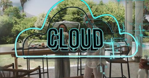 Neon cloud tech overlay on glass patio showing outdoor dining and family gathering
