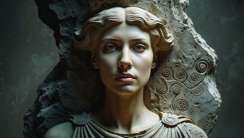 Classical cleopatra's stone bust with intricate motifs in jagged rock