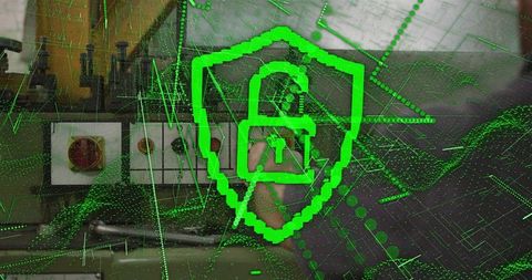 Industrial control panel cybersecurity concept with green shield and open padlock overlay