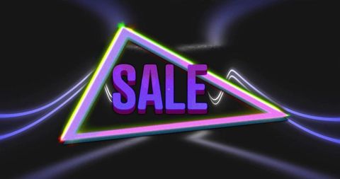 Neon triangle sale sign with glowing purple 3d text and futuristic light streaks