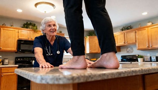 Nurse leaning, smiling while assisting barefoot client on kitchen island
