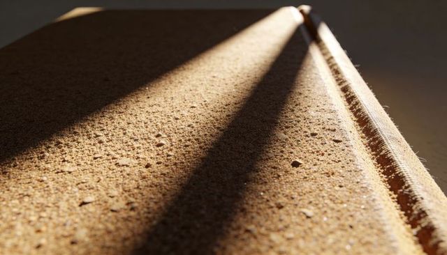 Granular fabric panel casting diagonal shadow with stitched edge macro detail