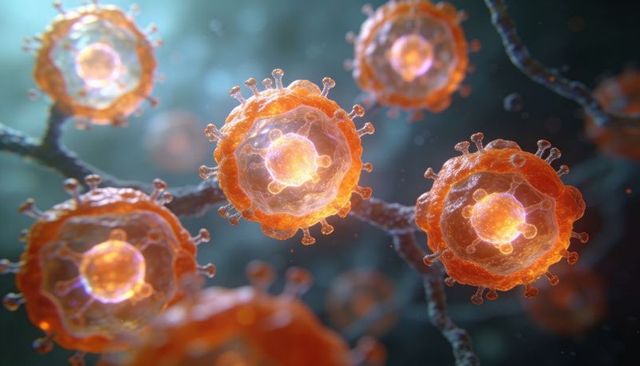 Enveloped virus particles with spike proteins and nucleocapsid in bluish-green 3d illustration