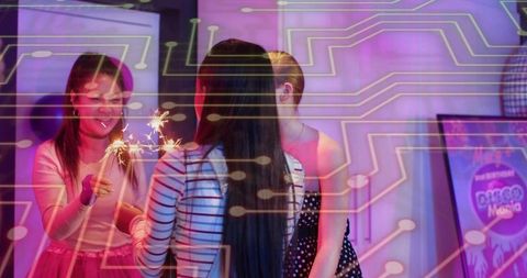Smiling woman holding sparkler with friends in neon club, circuit overlay, purple magenta