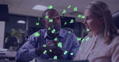 Discussing financial analytics with augmented data visualization and network overlay in office