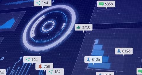 Futuristic digital analytics dashboard with interactive data visualizations