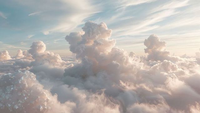 Towering cumulus glowing at sunrise over pastel sky, cirrus streaks and crystalline forms