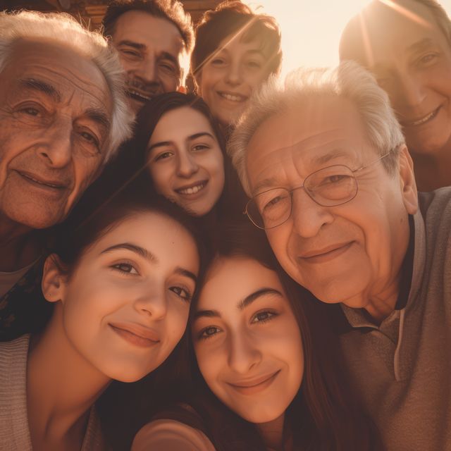 Smiling multigenerational family enjoying quality time together outdoors on a sunny day. Perfect for content depicting family bonds, happiness, and healthy relationships between grandparents, parents, and children. Suitable for articles on family life, caregiving, and generational ties.