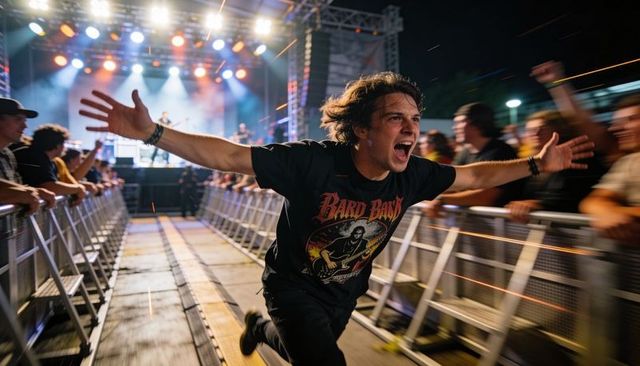 Sprinting fan charging down aisle at outdoor rock concert night crowd energy
