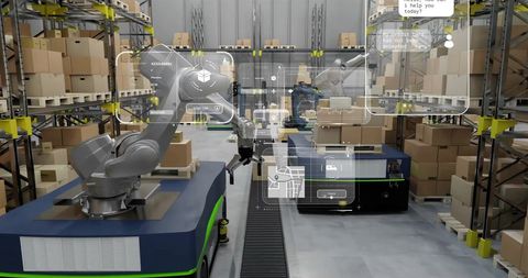 Automated Warehouse with Robotic Arms and Digital Interface Technology