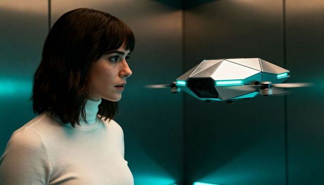 Woman watching hovering futuristic drone inside metallic lab chamber with cyan lighting