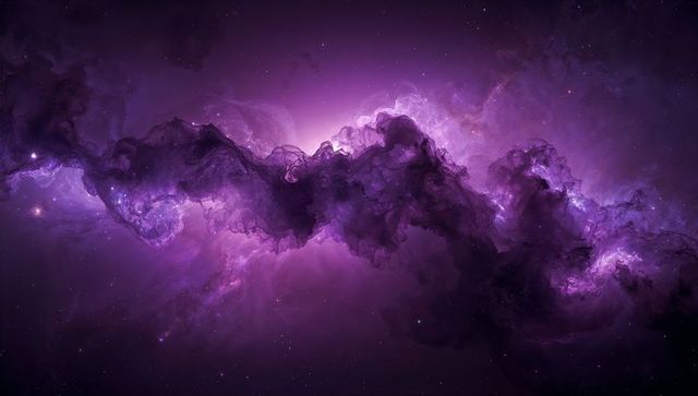Glowing Purple Nebula Flowing Across Cosmos with Luminous Core and Dark Filaments