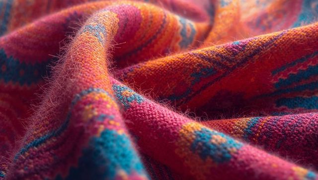 Colorful macro view of artisanal knitted fabric with textured pattern