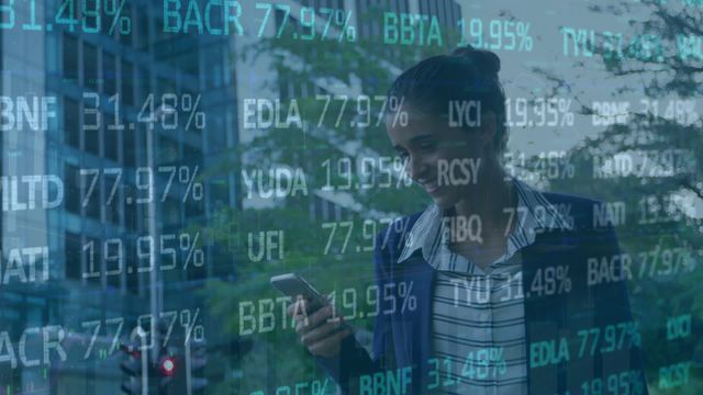 Caucasian businesswoman holding smartphone and reviewing stock market data superimposed on transparent screen. Urban environment with buildings and greenery in background, depicting modern financial analysis and economic monitoring. Ideal for use in articles, presentations, and publications related to finance, economics, corporate business, and technology.