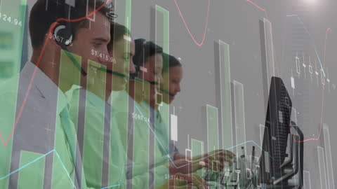 Business Team in Call Center Analyzing Financial Data Overlay
