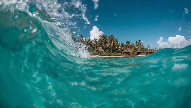 Vibrant tropical wave crash near palm beach and bungalows