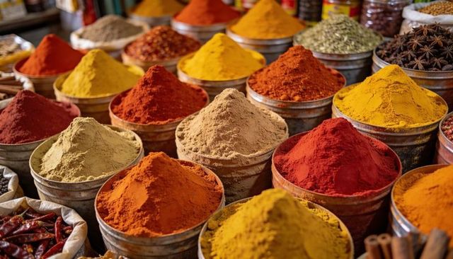 Colorful spice market pyramids of turmeric, paprika, chili and cumin in rustic metal tins