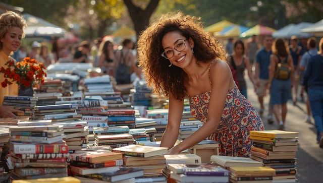 Smiling woman browsing book stacks at outdoor market in floral sundress
