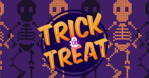 Trick or treat with dancing skeletons on purple background