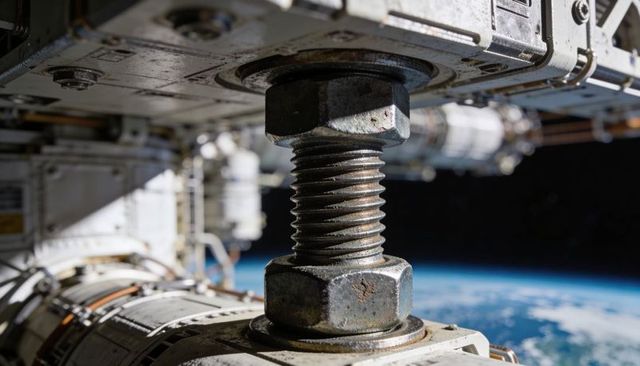 Orbital fastener close-up: threaded stud with hex nuts connecting space modules over earth