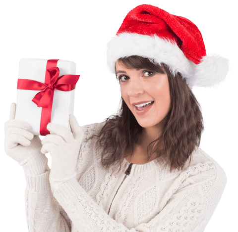 Smiling Woman in Santa Hat Holding Christmas Gift Transparent Background