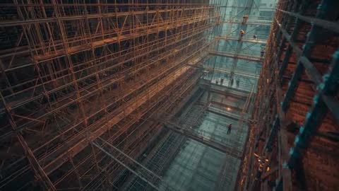Dramatic Aerial View of Scaffold Construction Scene