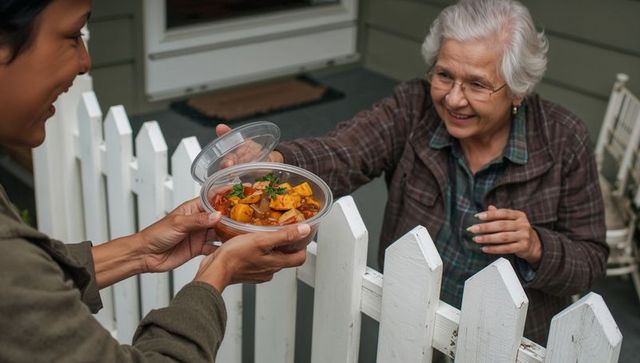 Neighbor helping senior over white picket fence accepting homemade meal, porch community