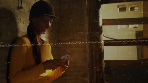 Smiling Woman Engages with Technology and Digital Data Visualizations