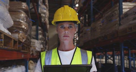 Warehouse Supervisor Using Tablet for Inventory Check