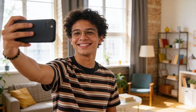 Cheerful teen taking selfie in sunlit loft wearing striped tee and round glasses