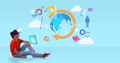 Child Experiencing Virtual Reality Surrounded by Interactive Digital Icons