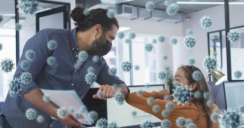 Office Workers Using Elbow Bump Greeting with Covid Overlays