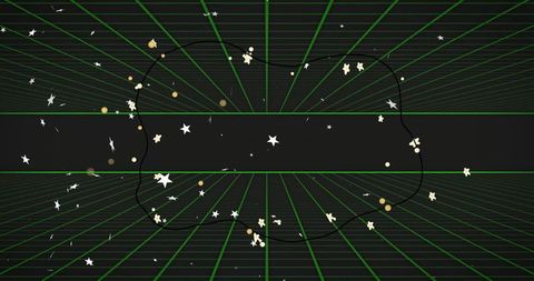 Retrofuturistic neon grid banner with floating stars, abstract particles and wavy frame