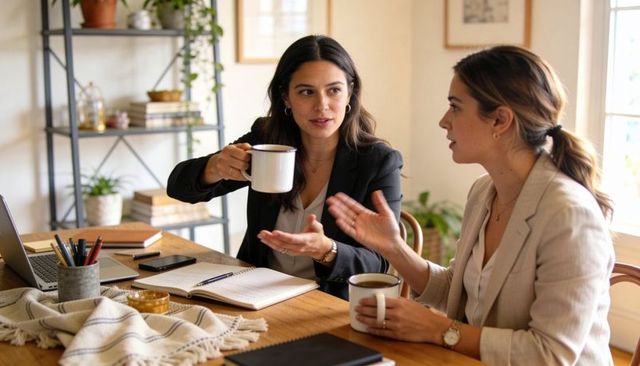 Two professional women discussing strategy over coffee at sunlit home office table