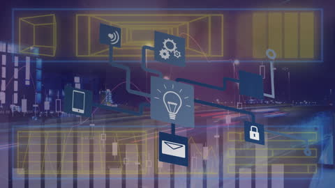 Animated Data Processing and Media Icons in Urban Cityscape