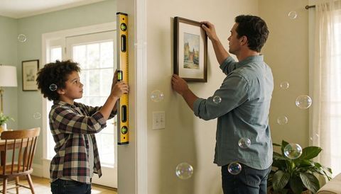 Father and son hanging framed art together using level for diy home decorating and bonding
