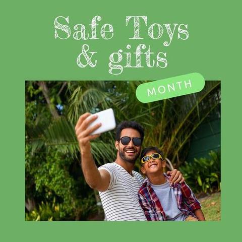 Square image of safe gifts and toys text with biracial father and son ...