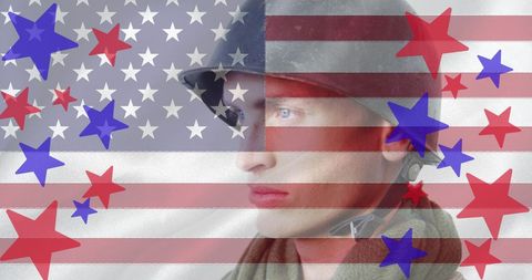 Thoughtful Soldier Against American Flag and Stars