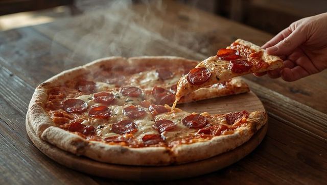 Hand lifting pepperoni pizza slice with stretching cheese on rustic wooden board, steam rising