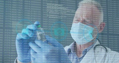 Researcher adding liquid with pipette amidst digital data